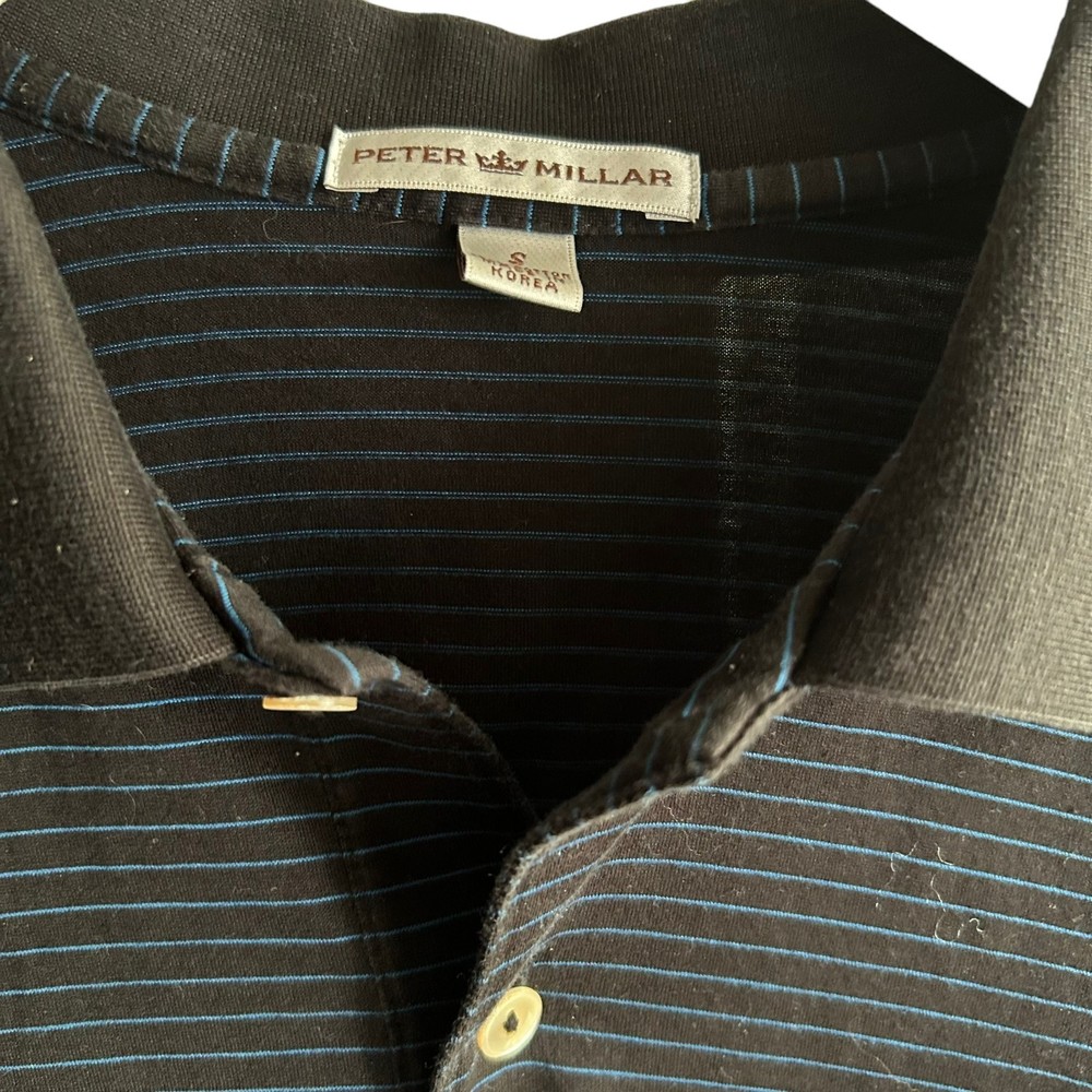 Peter Millar Polo Shirt Mens small  Black w/ blue Striped Short Sleeve Cotton